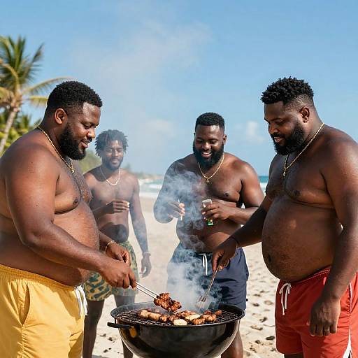 Photograph of five shirtless, muscular Black men with beards, grilling meat on a beach. They wear colorful shorts, and smoke rises from