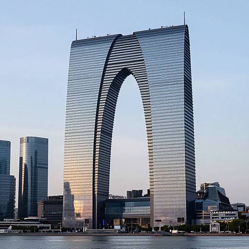 Photograph of The London Bridge Tower, a modern, glass-clad, arch-shaped skyscraper reflecting city skyscrapers and sunset light, set against