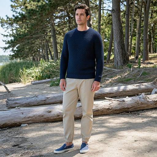 Photograph of a young man with short dark hair, wearing a navy knit sweater, beige pants, and navy sneakers, standing on a forest path with