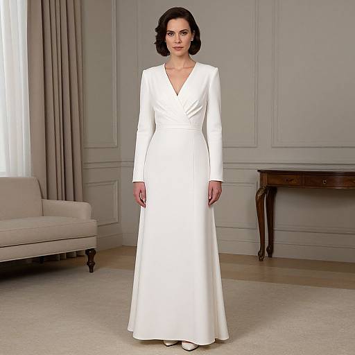 Photograph of a dark-haired woman in a long-sleeve, V-neck white wedding dress standing in a elegant, light-colored room.