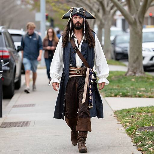 Photograph of a bearded man with long brown hair, dressed as a pirate, walking down a suburban sidewalk with blurred pedestrians and parked cars in the