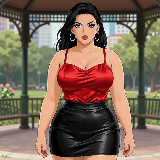 Digital artwork of a curvy woman with black hair, wearing a red satin top and black leather skirt, standing in a park gazebo.
