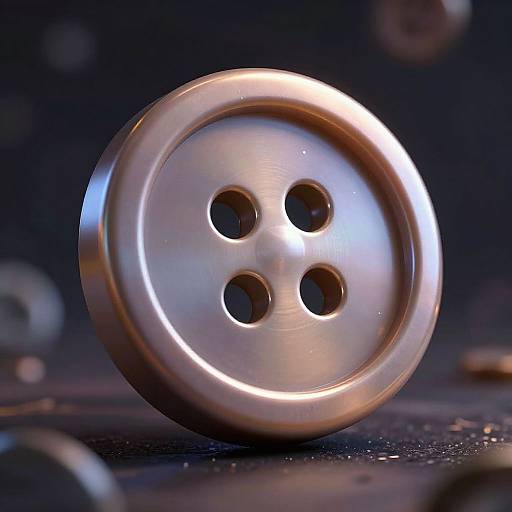 Close-up photograph of a shiny, silver four-hole button with a reflective surface, positioned slightly tilted against a dark, blurred background.