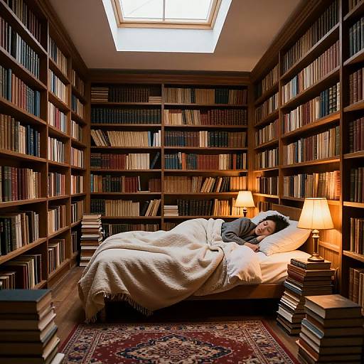 Cozy Ancient Library with Sleeping Reader
