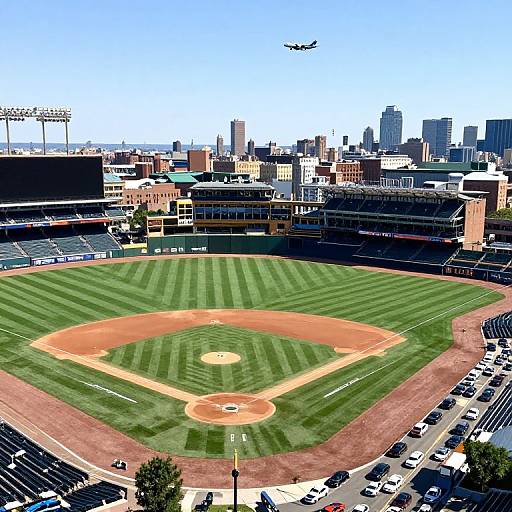 Photograph of a sunny baseball stadium with a green-striped field, empty bleachers, city skyline, and a helicopter in the sky.