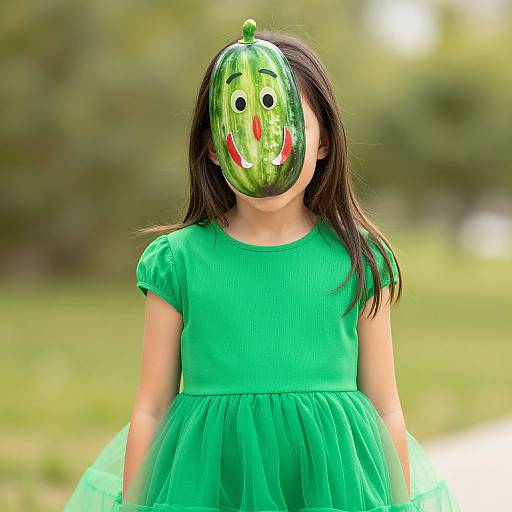 Photograph of a young girl with long black hair wearing a green dress and a green, smiling vegetable mask, standing in a blurred outdoor park setting.