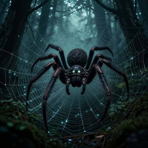 Digital artwork of a glowing-eyed, dark-furred spider centered in a bioluminescent web, set in a mystical, foggy forest.