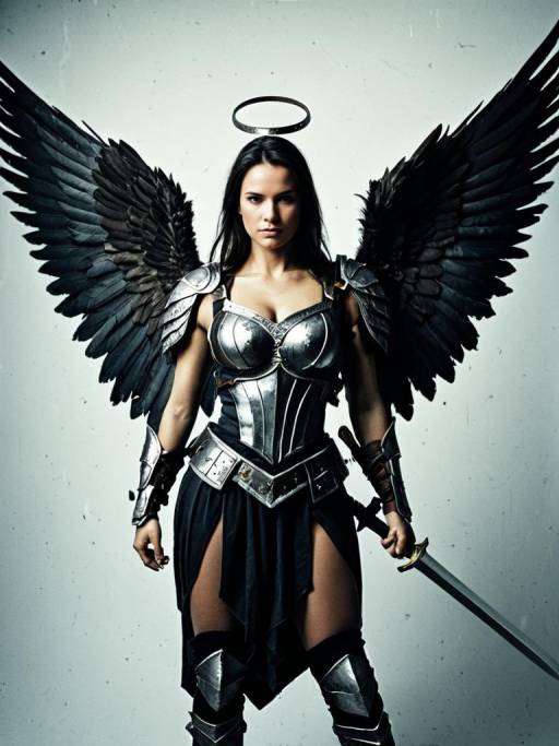 Warrior Angel Woman with Sword and Black Wings