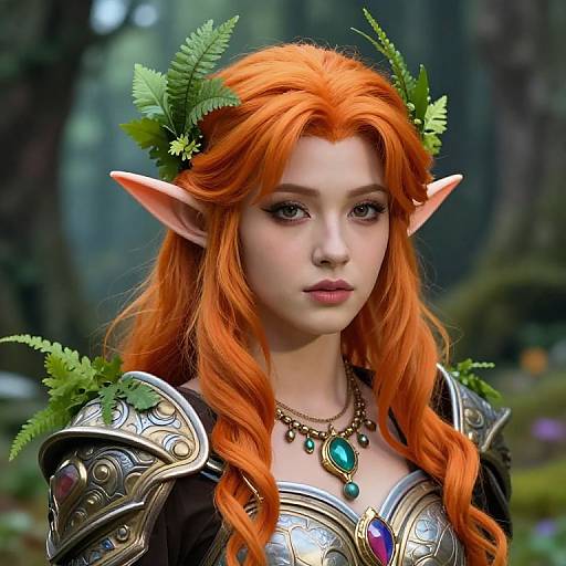 Digital fantasy portrait of a fair-skinned elven woman with long, vibrant orange hair, pointed ears, wearing ornate silver armor and a green gem