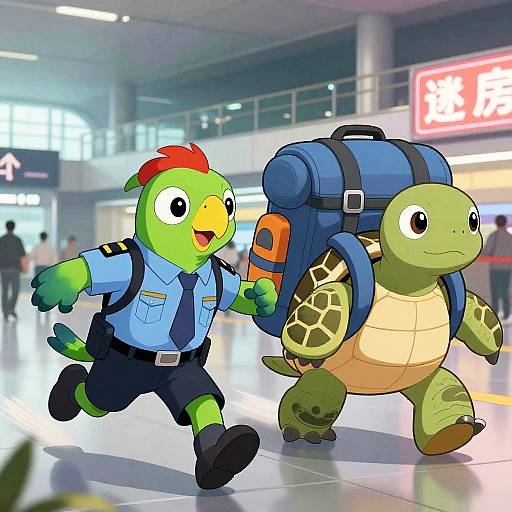 Cartoon Parrot Chases Turtle Traveler