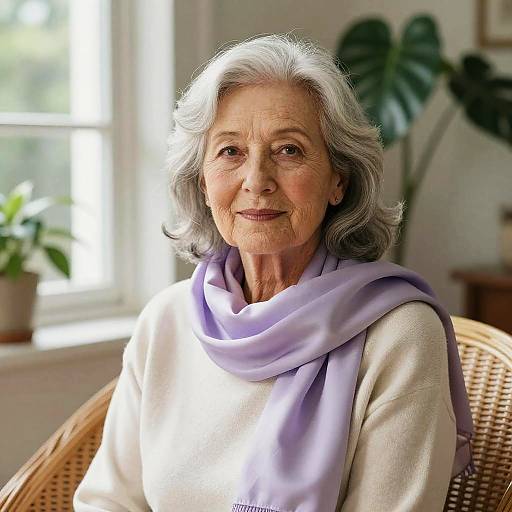 Photograph of an elderly woman with gray hair, wearing a white sweater and light purple scarf, sitting in a wicker chair in a sunlit room