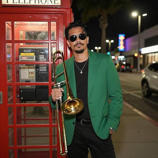 Man with Trombone by Red Phone Booth at Night