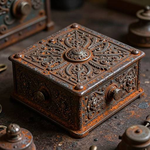 Photograph of an intricately carved, rusted metal box with floral patterns, centered on a dark, weathered surface surrounded by similar rusted objects