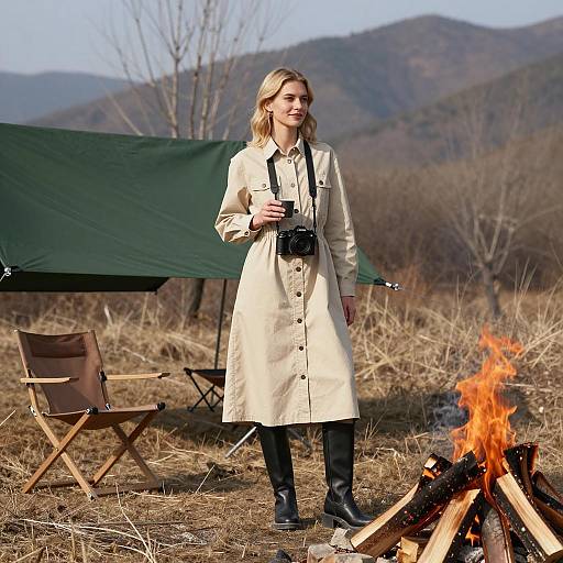Blonde Woman by Campfire in Nature