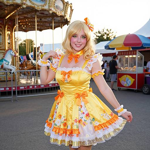 Photograph of a smiling woman with blonde hair in a bright yellow, lace-trimmed, orange-bow dress, standing in front of a colorful