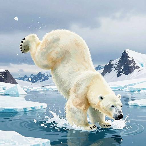 Photorealistic digital artwork of a white polar bear mid-jump in icy, blue ocean water with snow-covered mountains and cloudy sky in the background.