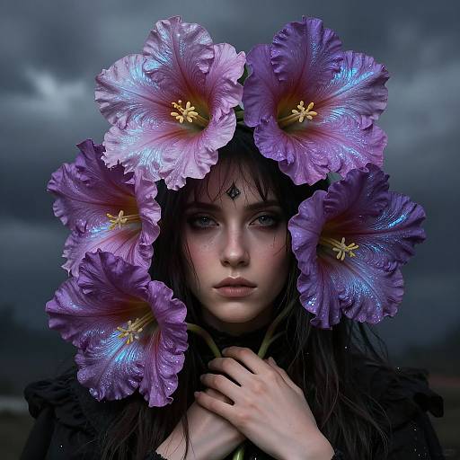Photograph of a pale woman with dark hair, wearing a crown of glowing purple flowers, against a stormy gray sky.