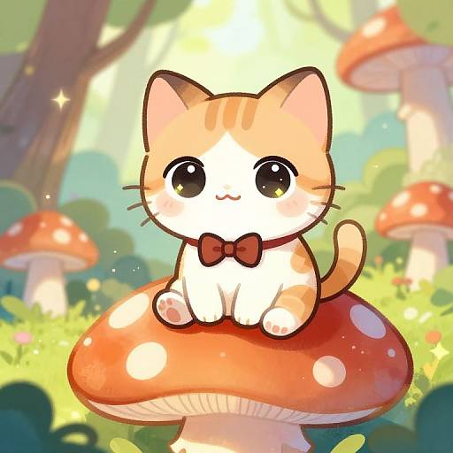 Adorable chibi-style orange-white kitten with big black eyes and red bowtie, sitting on a red mushroom in a magical forest. Digital art,