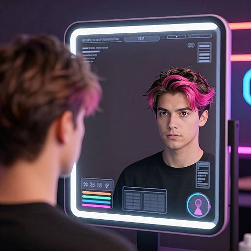 Photograph of a young man with pink highlights in his hair, staring at a glowing, futuristic mirror screen interface.