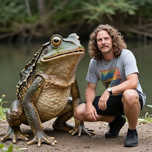 Photograph of a man with curly brown hair, wearing a gray T-shirt and black shorts, kneeling beside a large, detailed green frog by a forest