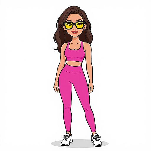 Digital cartoon of a young woman with long brown hair, yellow glasses, pink sports bra and leggings, white sneakers, standing confidently against a white background.