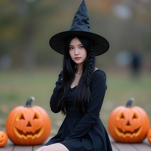 Photograph of a young Asian woman with long black hair, wearing a black witch hat and dress, sitting in front of three carved pumpkins with jack
