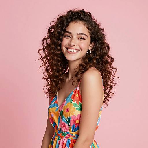 Joyful Woman in a Floral Dress