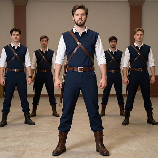 Photograph of six bearded men in white shirts, navy vests, brown belts, and boots, standing in a row indoors. Central figure stands front