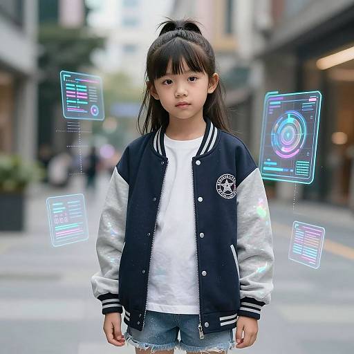 Photograph of an East Asian girl with black hair in a ponytail, wearing a black-and-white varsity jacket and denim shorts, standing on a