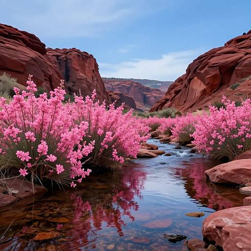 Vibrant Pink Flowers by Stream