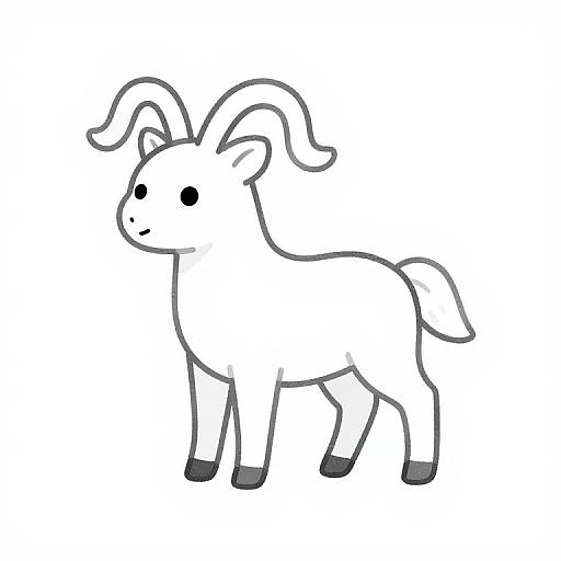 Simple black-and-white digital drawing of a cute, cartoon-style goat with large, curved horns, small black eyes, and hooves.