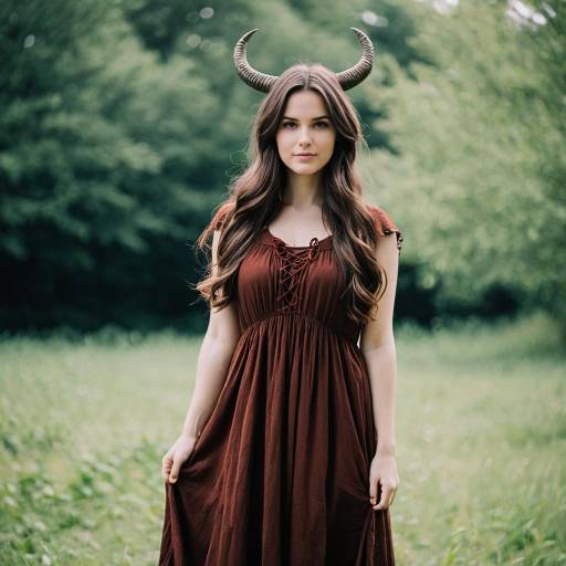 Woman in Rustic Dress with Horns Outdoors