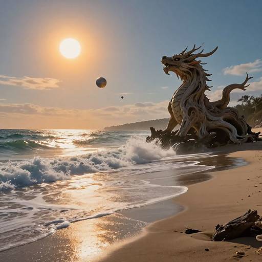 Digital artwork of a mythical dragon statue on a sunlit beach, with waves crashing and a sunball floating in the sky.