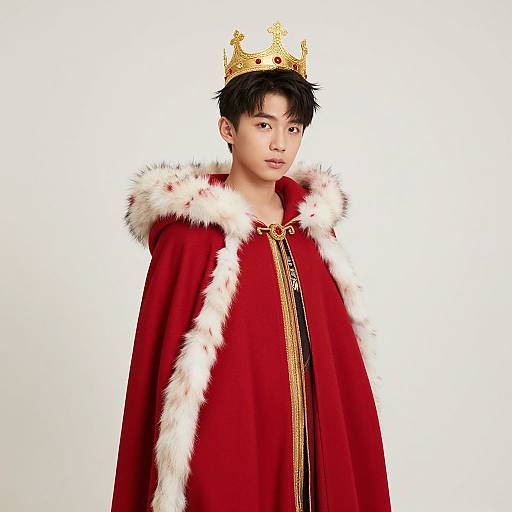 Photograph of an Asian man with short black hair, wearing a gold crown, red royal cape with white fur trim, and gold accents.