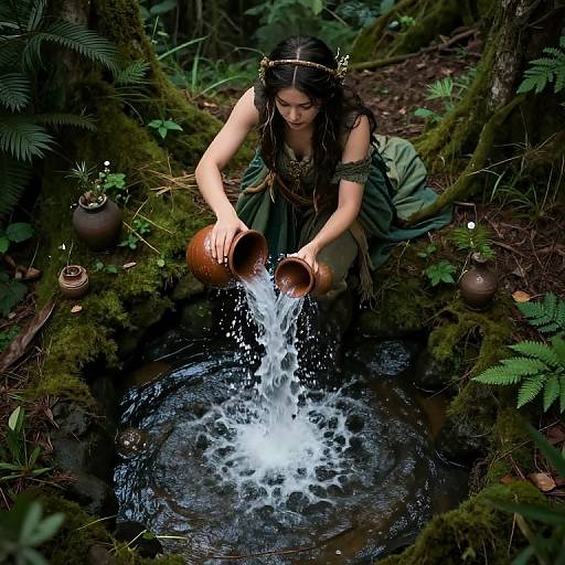 Photograph of a dark-haired woman in green dress pouring water from clay pots into a forest stream, surrounded by moss and small pots, with ferns
