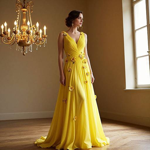 Photograph of a dark-haired woman in a yellow, V-neck, floral-embellished evening gown, standing in a sunlit room with a