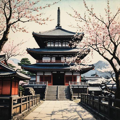 Ancient Kyoto Shrine with Cherry Blossoms