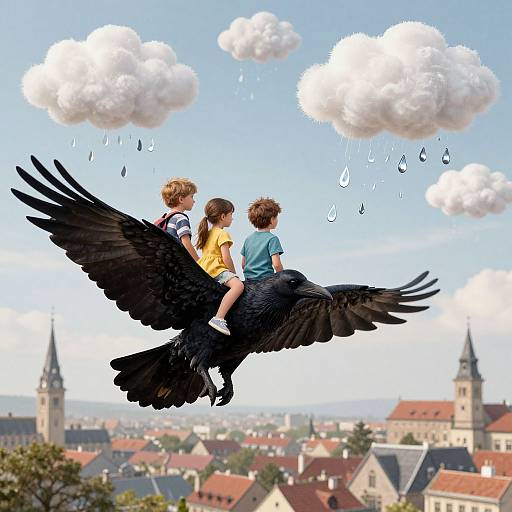 Digital illustration of two children, one blond and one brown-haired, riding a black raven through a cloudy sky over a European town with red-roof