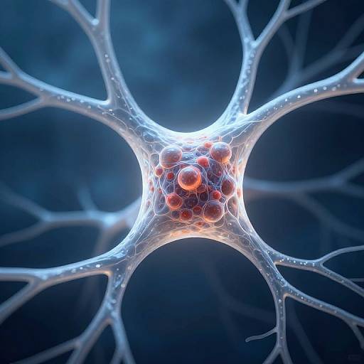 Digital CGI of a glowing, white, web-like neural structure with red, spherical cells at its center, set against a dark blue background.