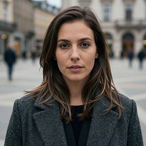 Photograph of a young white woman with straight brown hair, wearing a dark gray coat, standing in a blurred urban street.
