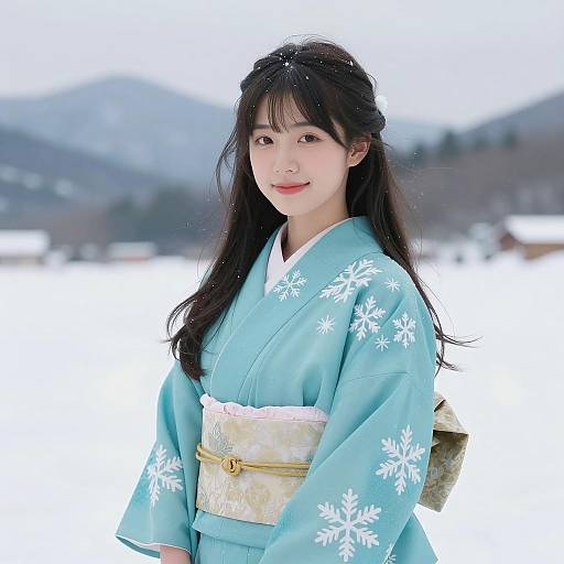 Young Woman in Snowflake Kimono in Winter Landscape
