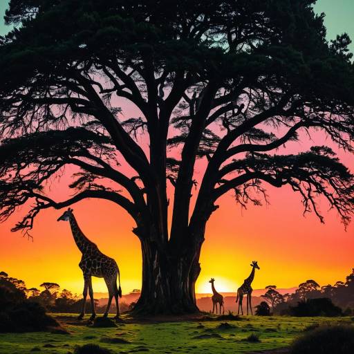 Giraffes at Sunrise Under Large Tree Silhouette