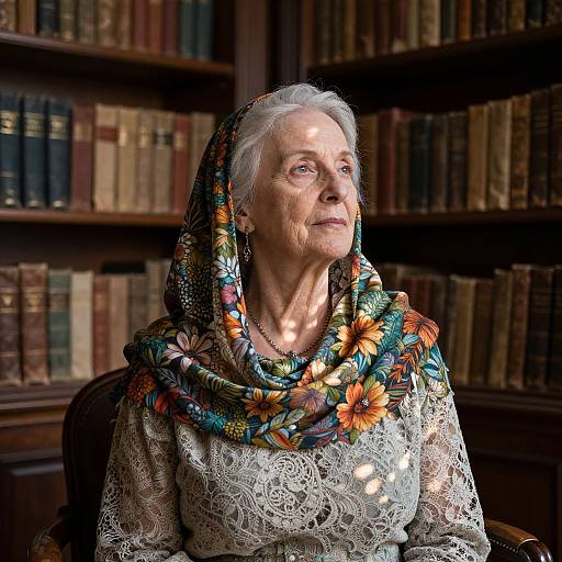 Photograph of elderly white woman with white hair, wearing floral-patterned shawl and lace blouse, sitting in dimly lit library with shelves of books