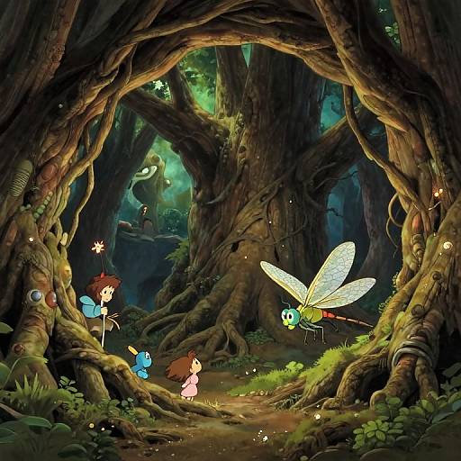 Whimsical forest scene with enchanted creatures: fairy-like figures, glowing insects, and a large, luminescent dragonfly under twisted, mossy