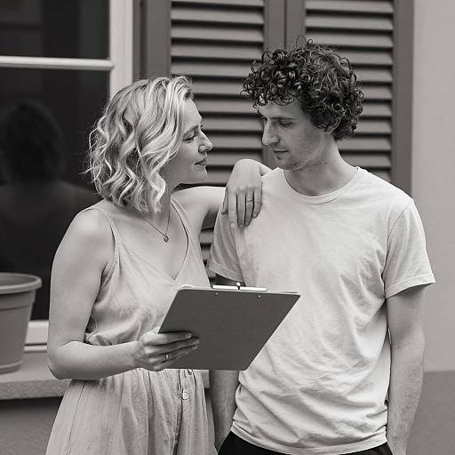 Black and white photo of couple discussing with clipboard