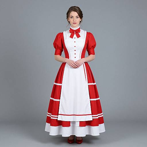 Photograph of a fair-skinned woman with dark brown hair in a red and white Victorian-style maid dress, standing against a gray background.
