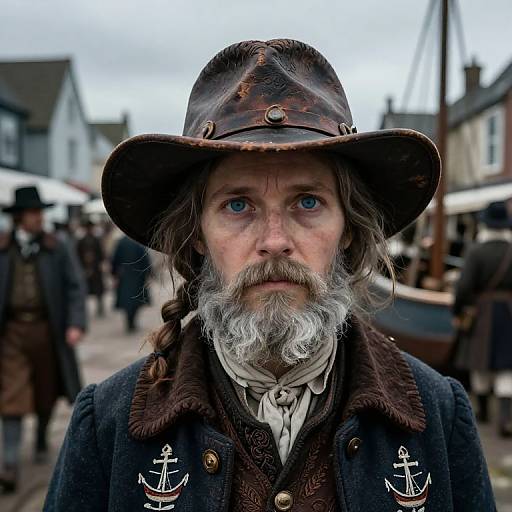 Photograph of an elderly white man with a long gray beard, blue eyes, and a weathered brown hat, wearing a dark coat with anchor buttons