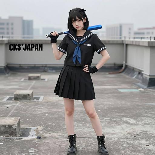 Young Woman in Black Sailor Uniform with Baseball Bat