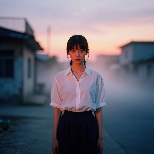 Photograph of an Asian woman with dark hair in a loose bun, wearing a white button-down shirt and black skirt, standing in a foggy,