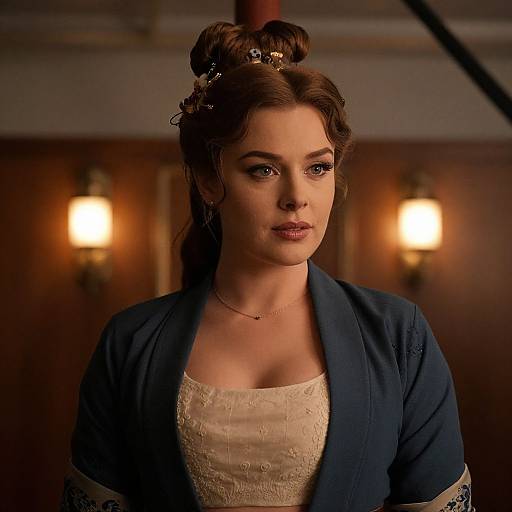 Photograph of a woman with brown hair in an updo, wearing a blue cardigan over a white, embroidered dress, standing in a dimly